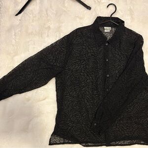 Black Sheer Velvet Burnout Floral Button-Up Blouse